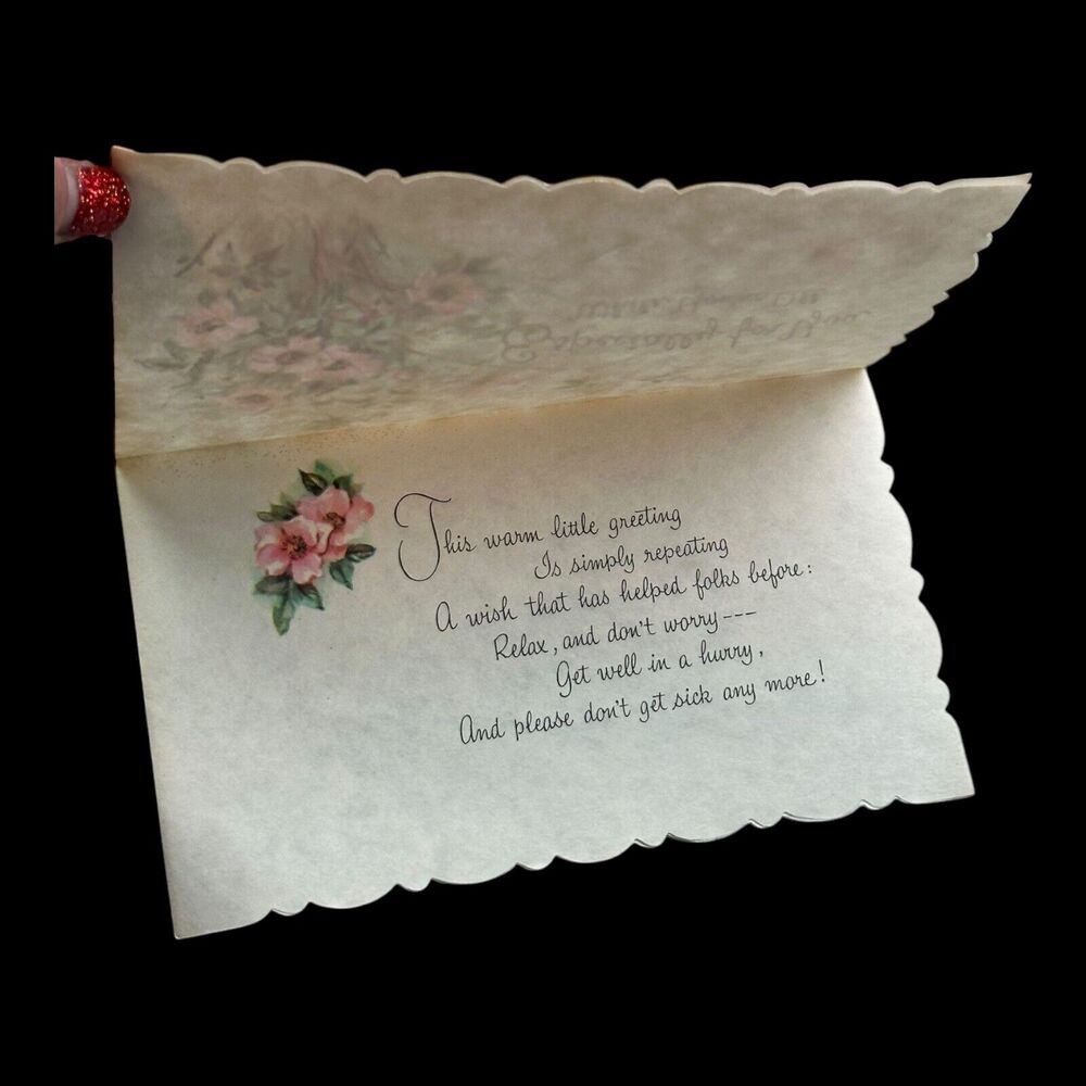 Get Well Floral Greeting Card NO ENVELOPE Parchment Paper Glitter Coronation VTG - Picture 2 of 4